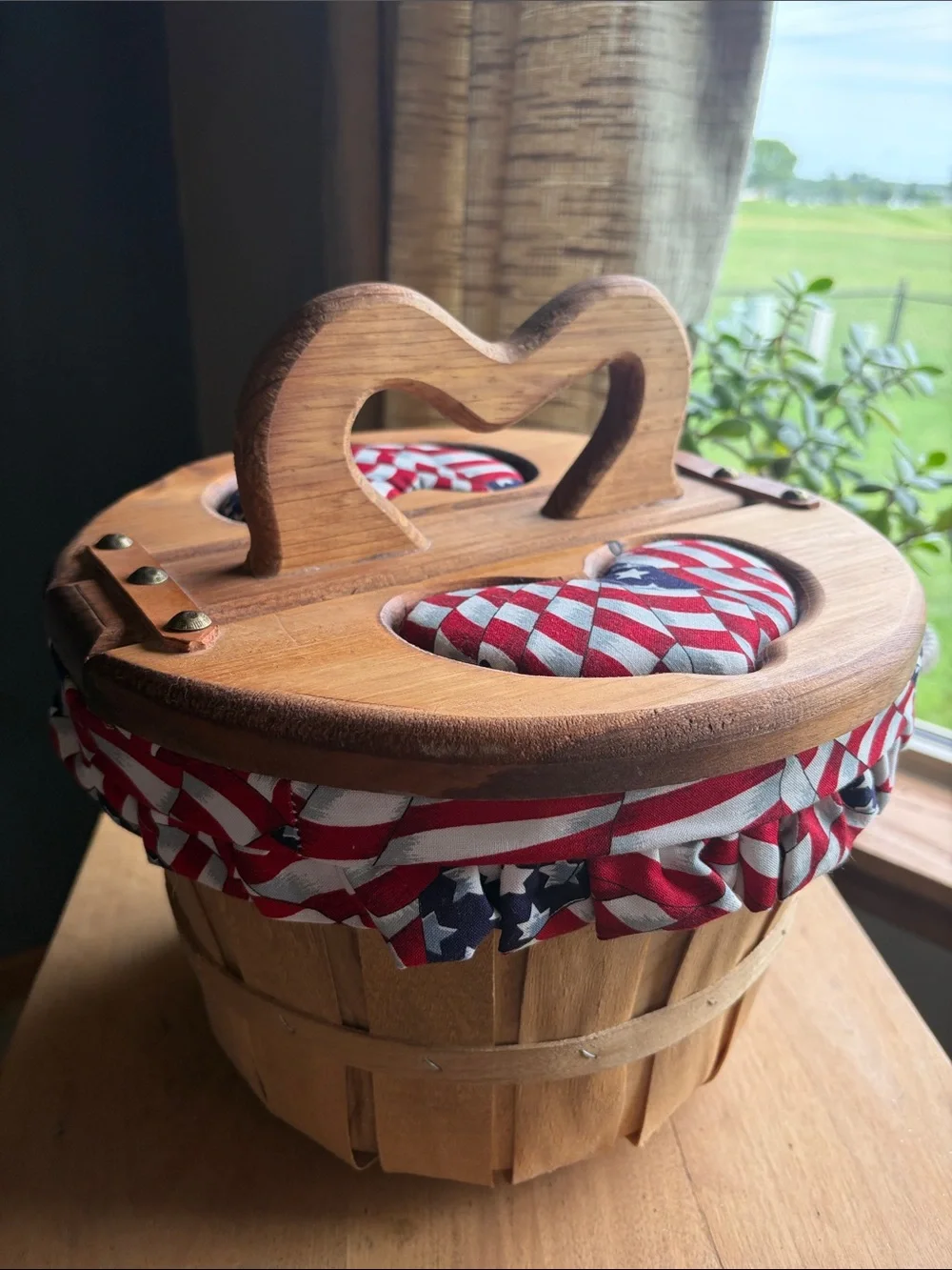 Vintage Wood Double Lid Barrel Weave Basket Lined Flag Heart